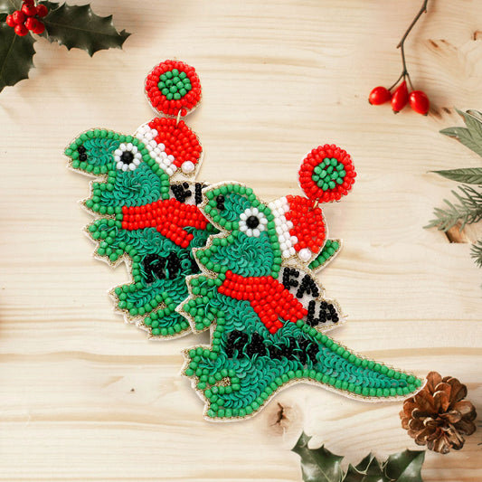 Dinosaur Seed Beaded Christmas Holiday Earrings
