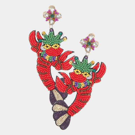 Mardi Gras Lobster Beaded Dangle Earrings