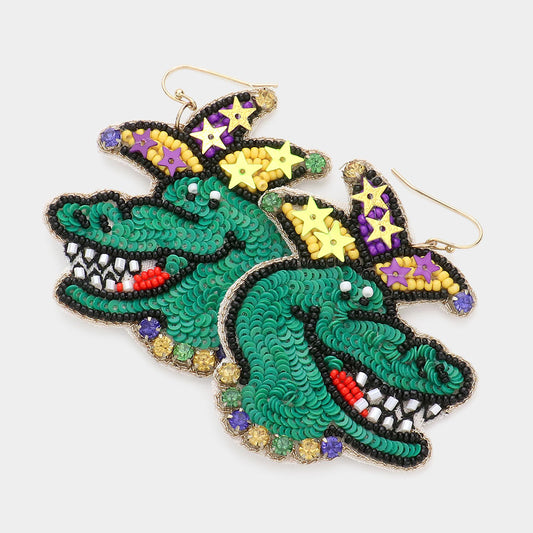 Mardi Gras Beaded Alligator Dangle Earrings