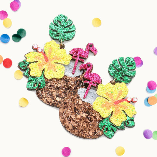 Glittered Tropical Leaf Flower Coconut Flamingo Earrings