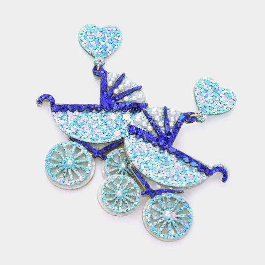 Pink GIRL Blue BABY BOY Glitter Acrylic Stroller Earrings