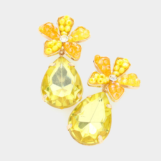 Beaded Flower Teardrop Crystal Earrings