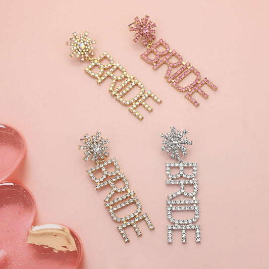 BRIDE Rhinestone Word Dangle Earrings
