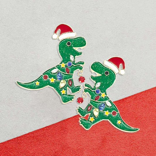 Christmas Dinosaur Stone Embellished Enamel Dangle Earrings
