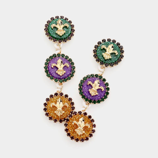 Rhinestone Fleur de Lis Disc Link Earrings