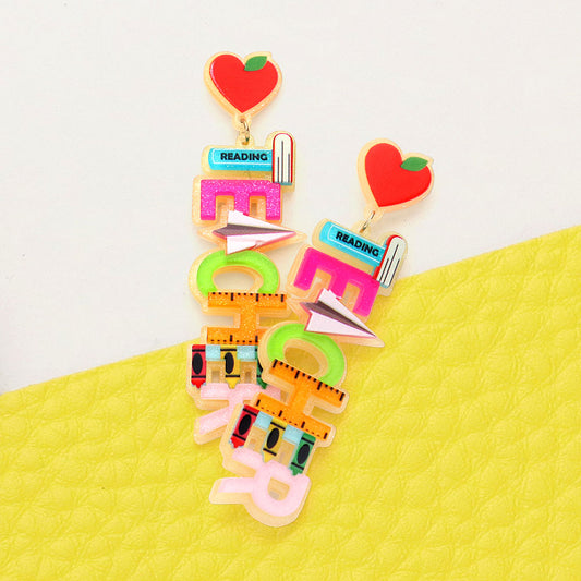 Heart Apple Glittered Teacher School Theme Earrings