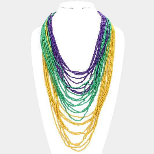 Mardi Gras Beaded Multi Layer Bib Toggle Necklace