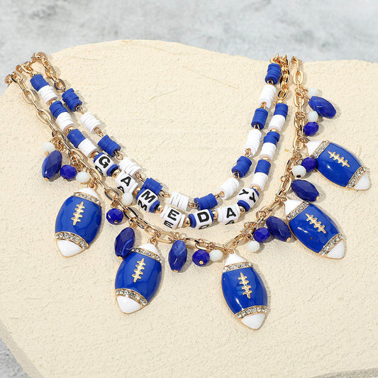 Blue White Football Fan Beaded Charm Necklace