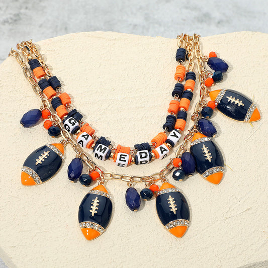Navy Blue Orange Football Beaded Charm Necklace