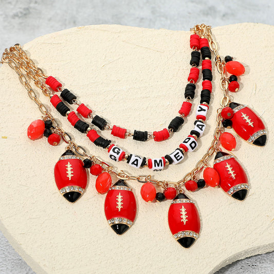 Red Black Football Beaded Charm Necklace