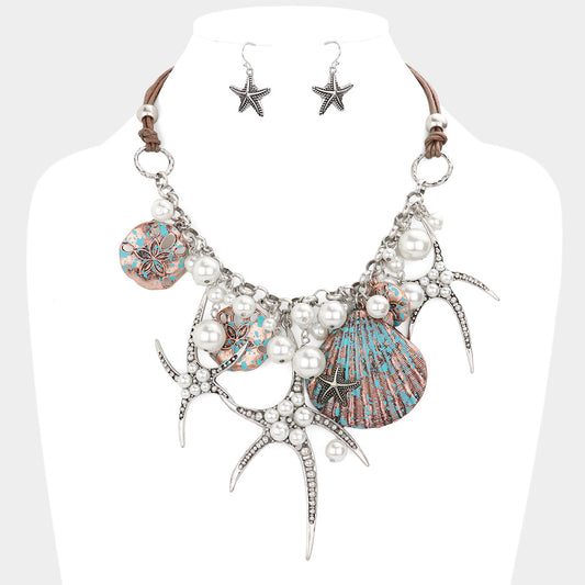 Pearl Bead Embellished Starfish Seashell Charm Statement Necklace