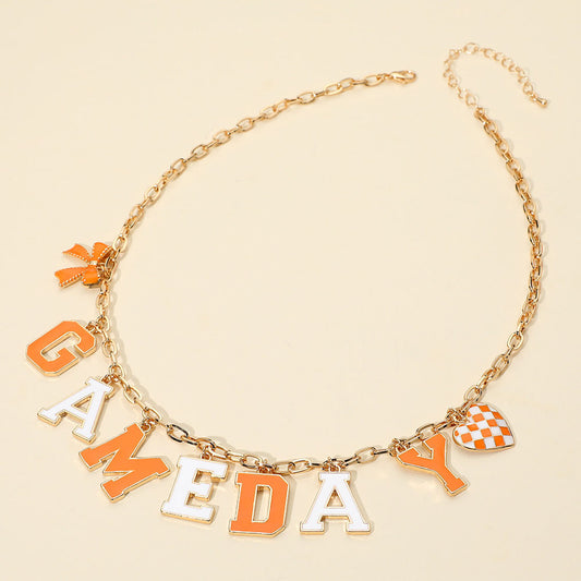 Orange White Football GAMEDAY Word Charm Necklace