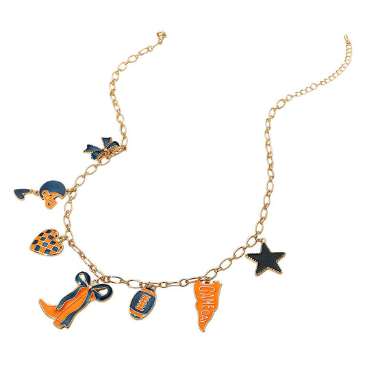 Blue Orange Western Theme Football Charm Necklace
