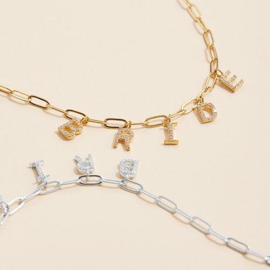 18K Gold Dipped Rhinestone BRIDE Paperclip Chain Necklace