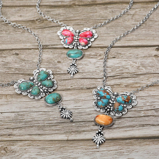 Silver Butterfly Western Stone Necklace Earrings SET