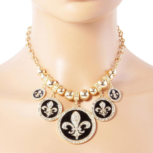 Fleur de Lis Medallion Rhinestone Necklace SET