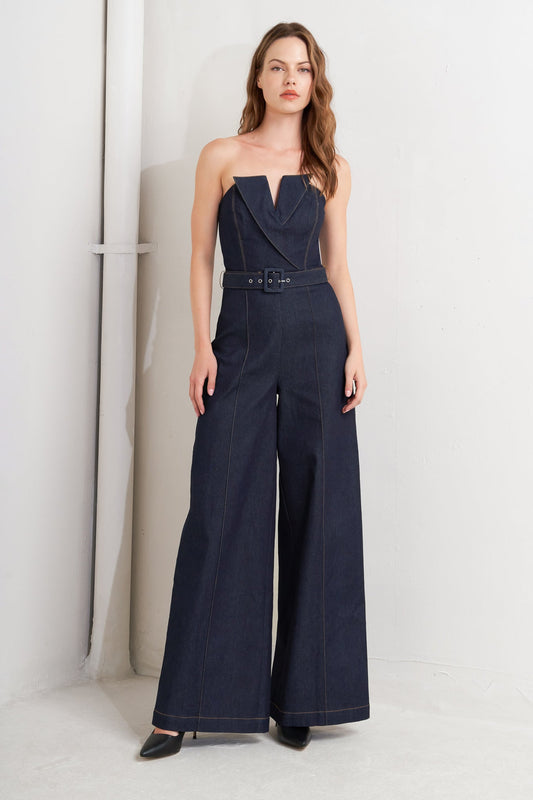 LE BONHEUR V CUT VOW DENIM JUMPSUIT