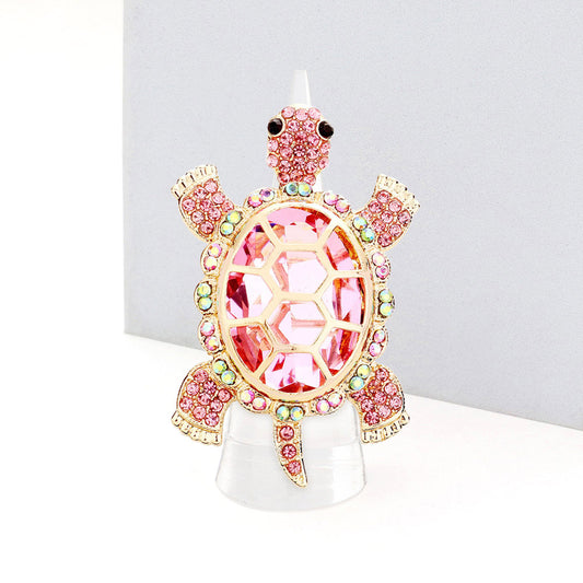 Crystal Rhinestone Pink Green Turtle Stretch Ring