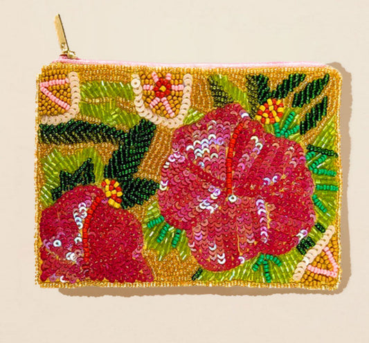 Hibiscus Pink Floral Sequin Seed Beaded Coin Pouch Bag