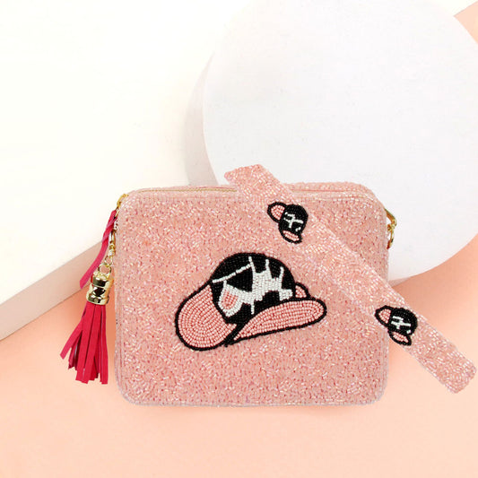 Seed Beaded Cowboy Hat Pink Cowgirl Crossbody Box Bag