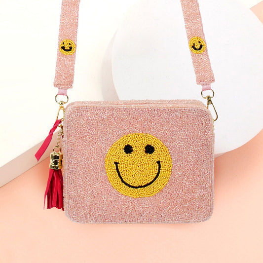 Seed Beaded Smiley Face Emoji Crossbody Tassel Box Bag