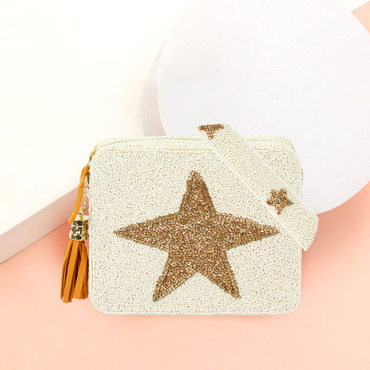 Seed Beaded Gold Star Crossbody Tassel Box Bag