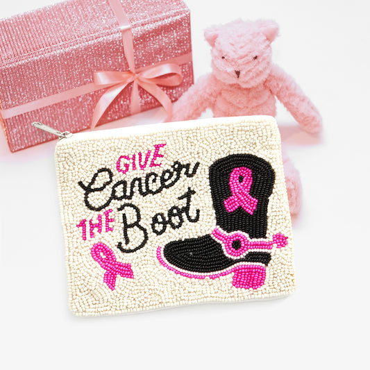 Give Cancer The Boot Beaded Pink Ribbon Mini Pouch Bag