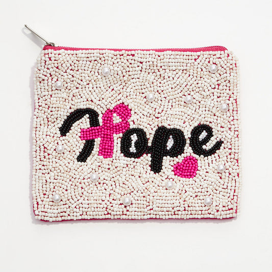 Hope Cancer Beaded Pink Ribbon Mini Pouch Bag