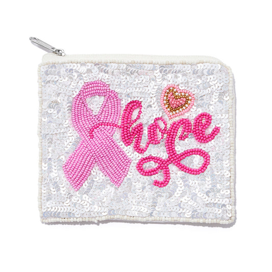 Hope Cancer Sequin Beaded Pink Ribbon Mini Pouch Bag