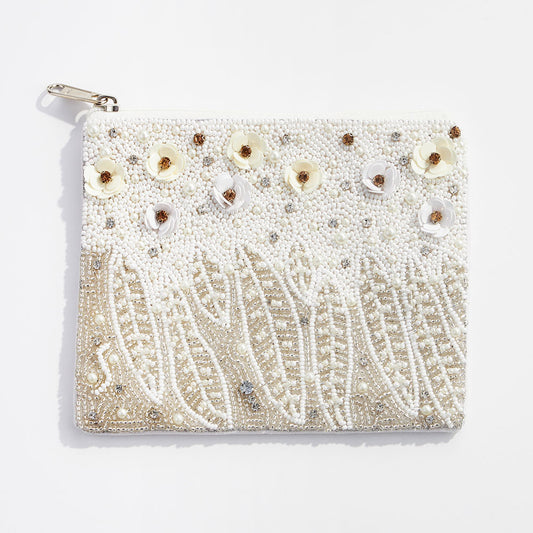 Pearl Sequin Seed Beaded Flower Leaf Mini Pouch Bag