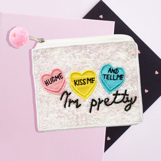 Kiss Me And Tell Me I'm Pretty Sequin Beaded Mini Pouch Bag