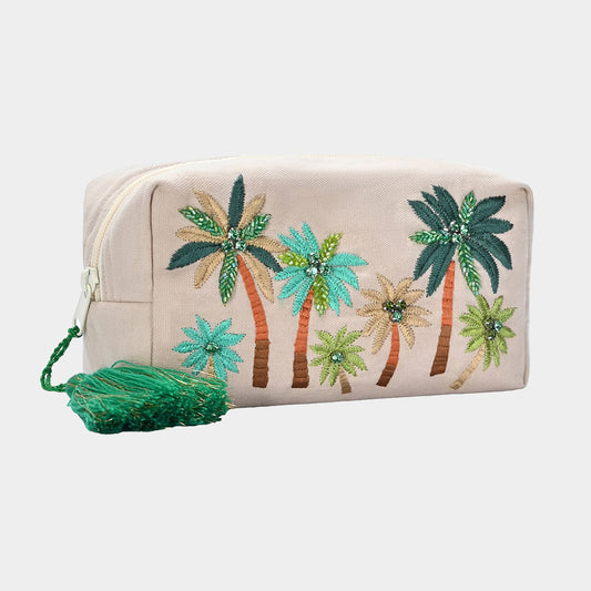 Palm Tree Resort Embroidered Rhinestone Storage Pouch Bag