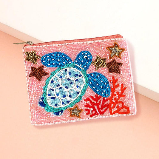 Sea Turtle Starfish Seed Beaded Mini Pouch Bag