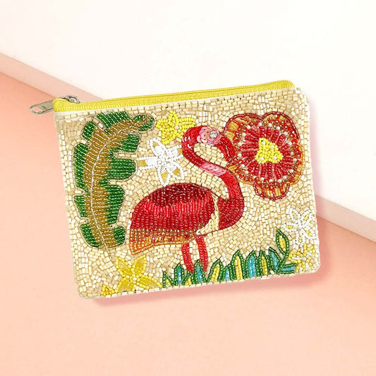 Flamingo Theme Beaded Mini Coin Pouch Bag
