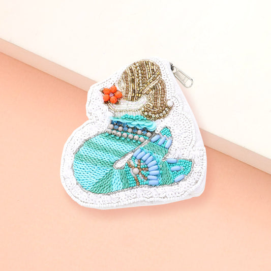 Mermaid Beaded Sequin Accent Mini Coin Pouch Bag