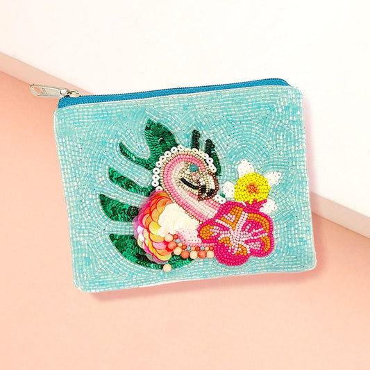 Flamingo Floral Beaded Mini Coin Pouch Bag