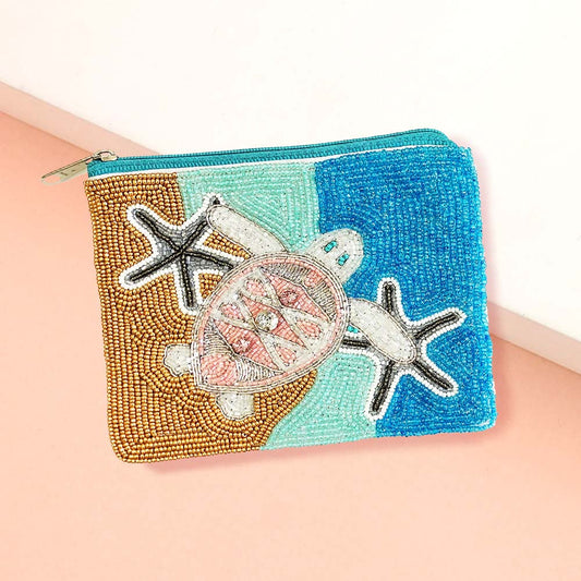Sea Turtle Rhinestone Beaded Mini Pouch Bag
