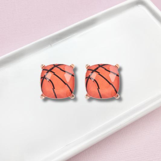 Cushion Cut Glass Bead Basketball Gold Stud Earrings