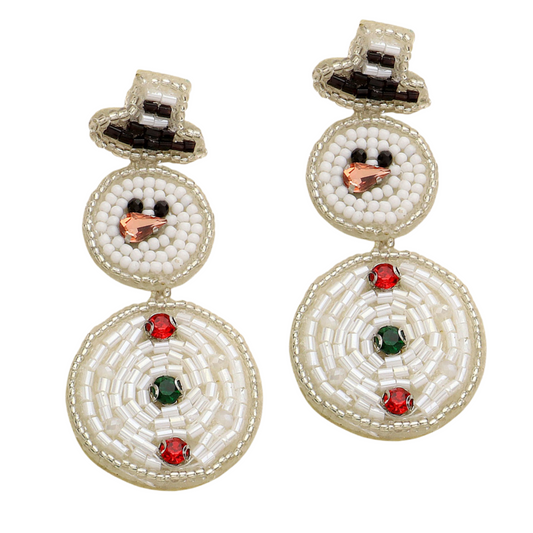 Christmas Crystal Seed Beaded Dangle Snowman Earrings