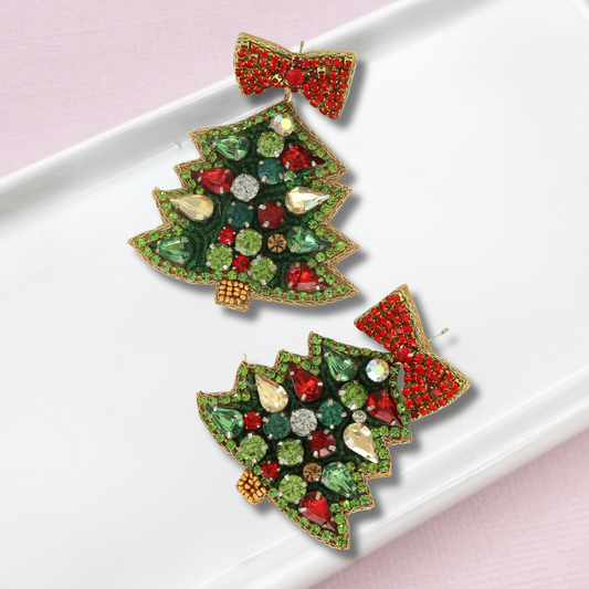 Rhinestone Jeweled Bow Christmas Tree Earrings