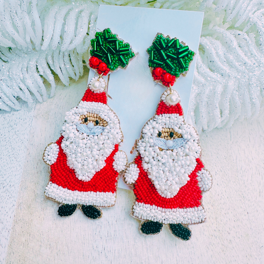Vintage Vibe Santa Christmas Beaded Dangle Earrings