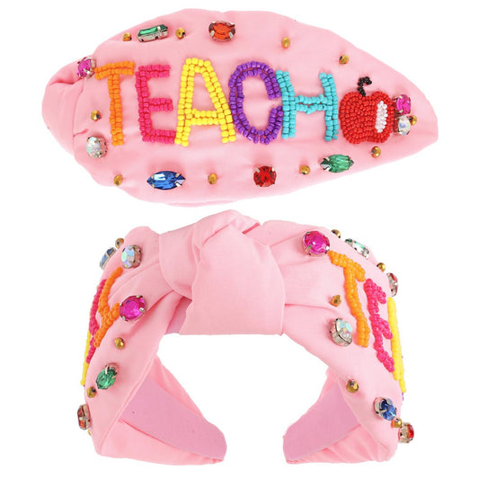 TEACH Pink Beaded Crystal Top Knot Headband