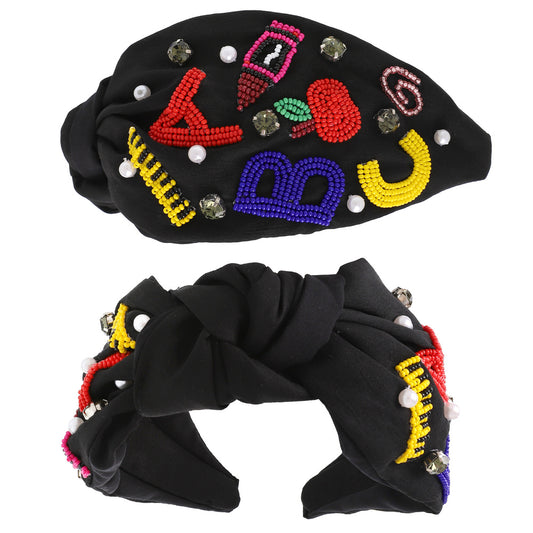 TEACHER ABC Black Beaded Crystal Top Knot Headband