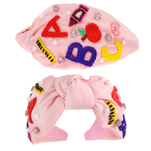 TEACHER ABC Pink Beaded Crystal Top Knot Headband