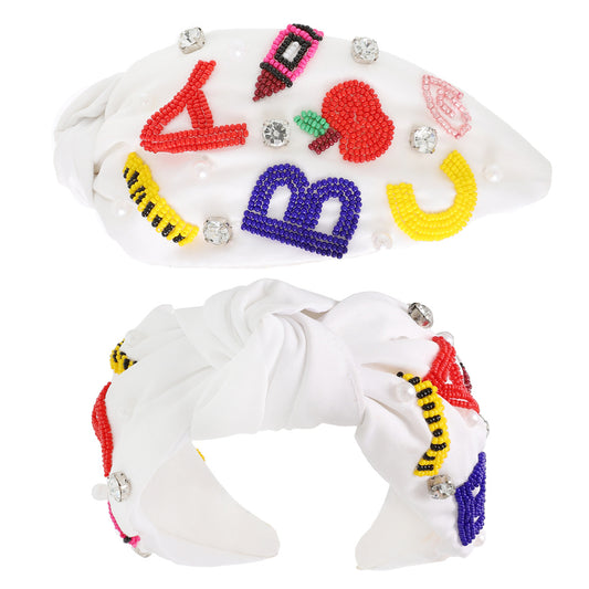 TEACHER ABC White Beaded Crystal Top Knot Headband