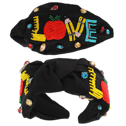 TEACHER LOVE Black Beaded Crystal Top Knot Headband