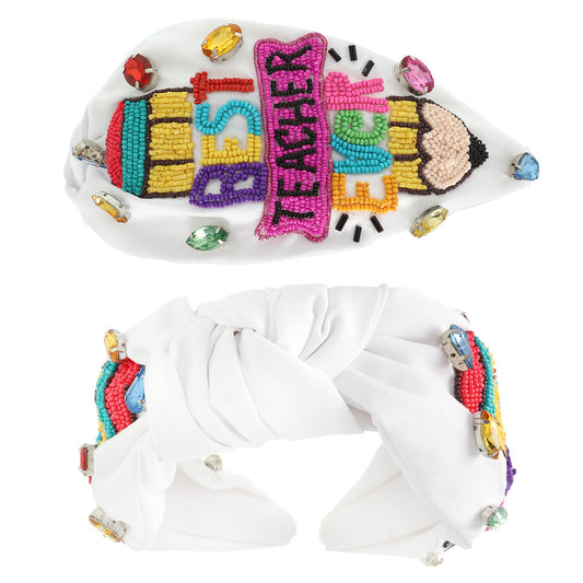 Best Teacher White Beaded Crystal Top Knot Headband