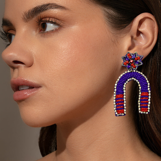 Red Blue Football Team Colors Beaded Goal Post Rhinestone Earrings