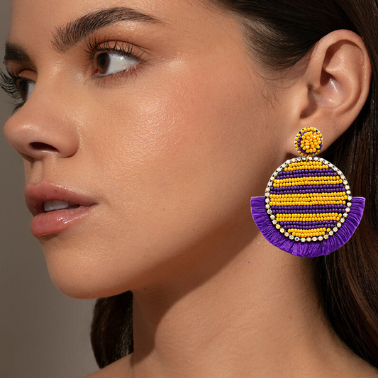 LSU Football Round Fringe Beaded Rhinestone Earrings