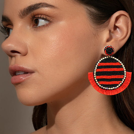 Georgia Bulldogs Football Round Fringe Beaded Rhinestone Earrings